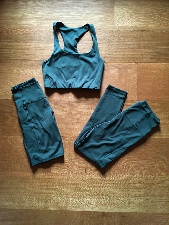 THREE PIECE SET Girlfriend Collective Moss Legging + Bra PLUS pocket bike short