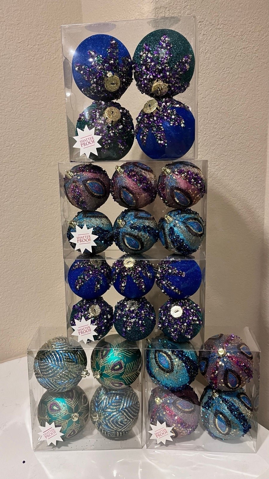 5-BOXES OF SHATTER PROOF PEACOCK VIBRANT COLORS CHRISTMAS ORNAMENTS