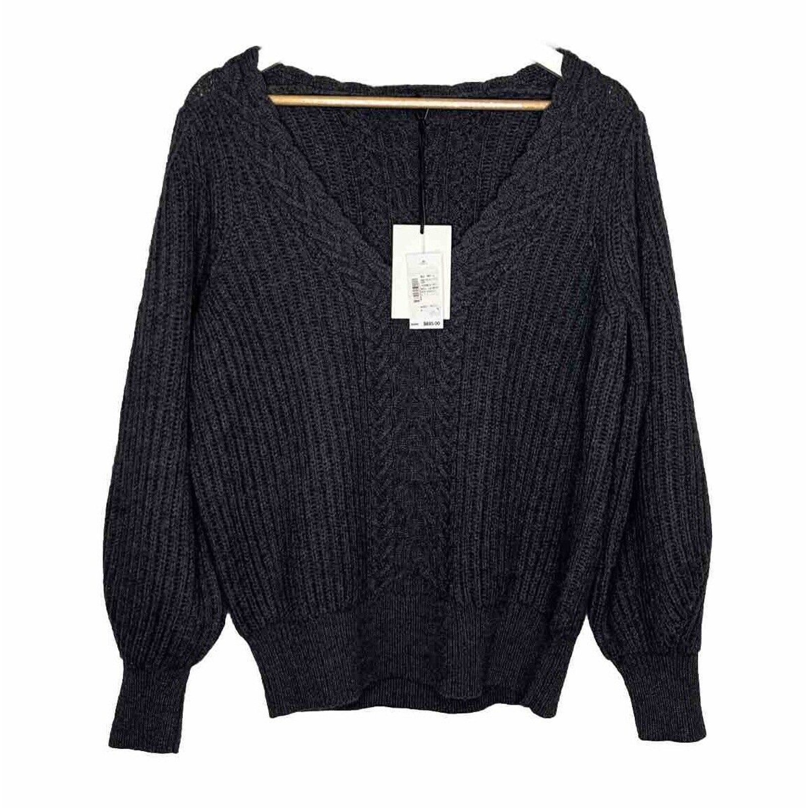 CO Women's Charcoal Gray Cashmere Wool Balloon Sleeve Sweater Size Large