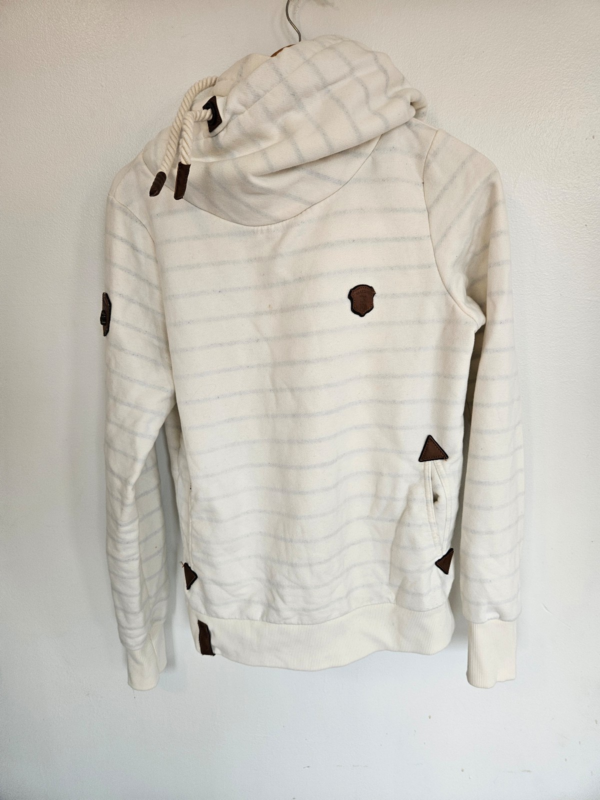 Naketano Darth Women Pullover Hooded Sweatshirt Size L Ivory Cowl Neck