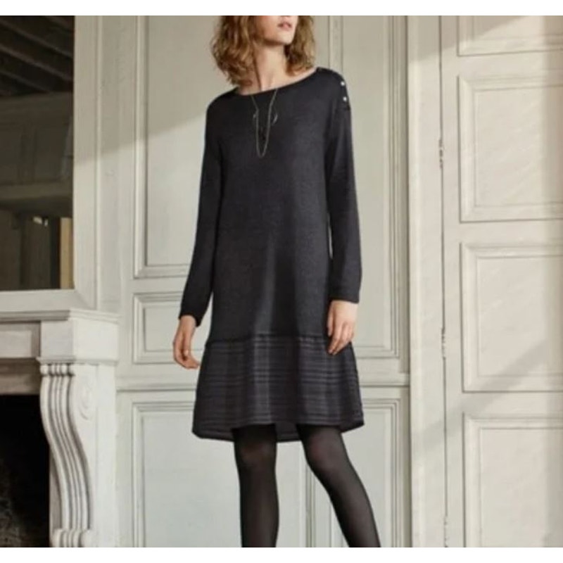 Poetry Women's Sz 10 Grey Baby Alpaca Wool Linen Blend Sweater Dress Plaid Trim