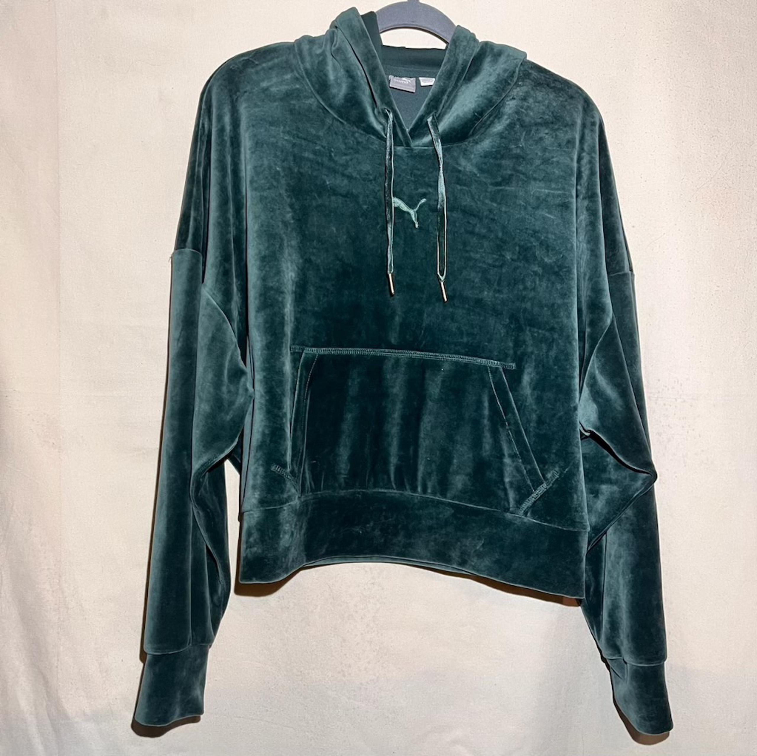 Puma Velour Green Logo Cropped Pullover Hoodie
