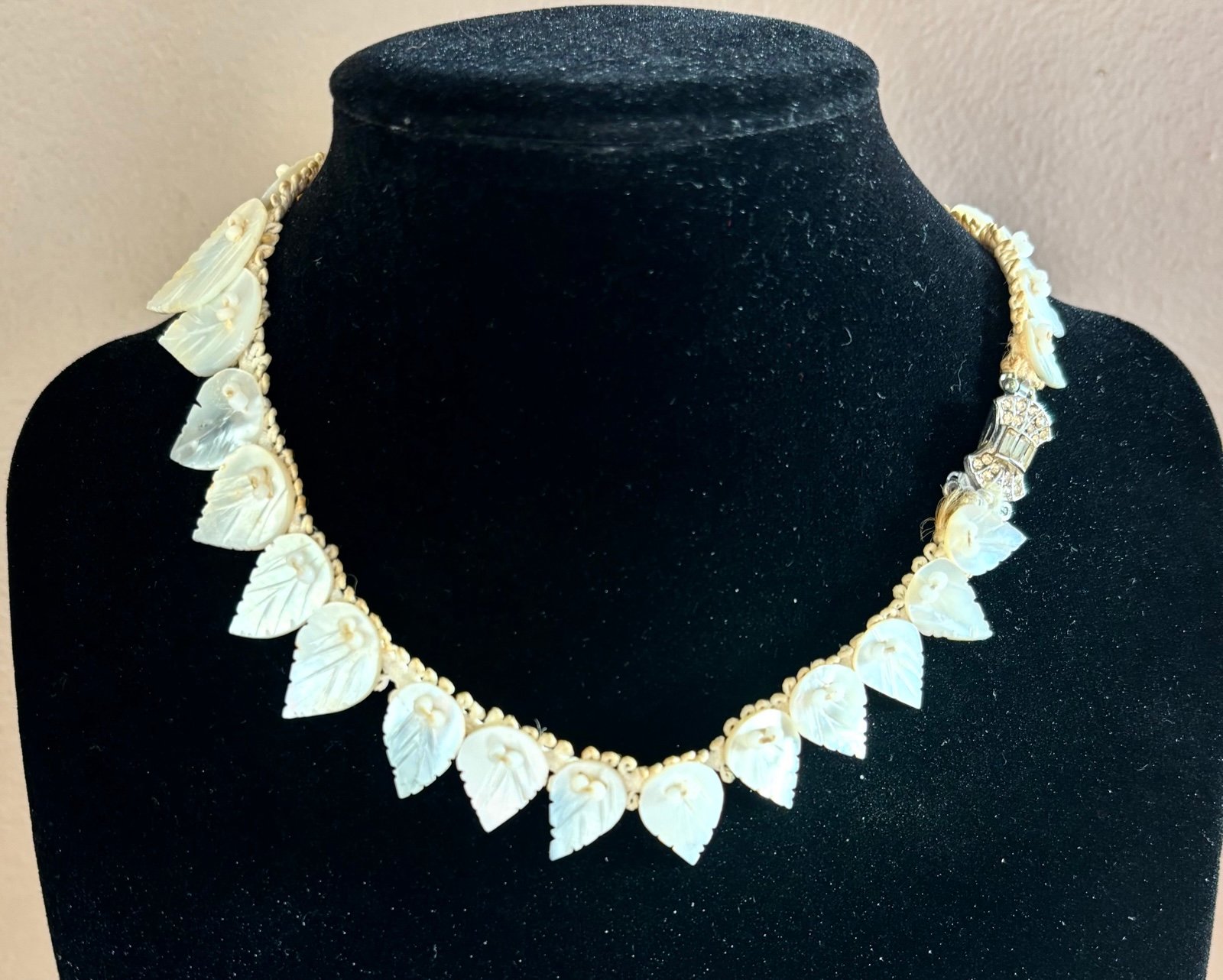 Vintage Mother-Of-Pearl Hand Carved Leaf Necklace W/ Fabric And Beads