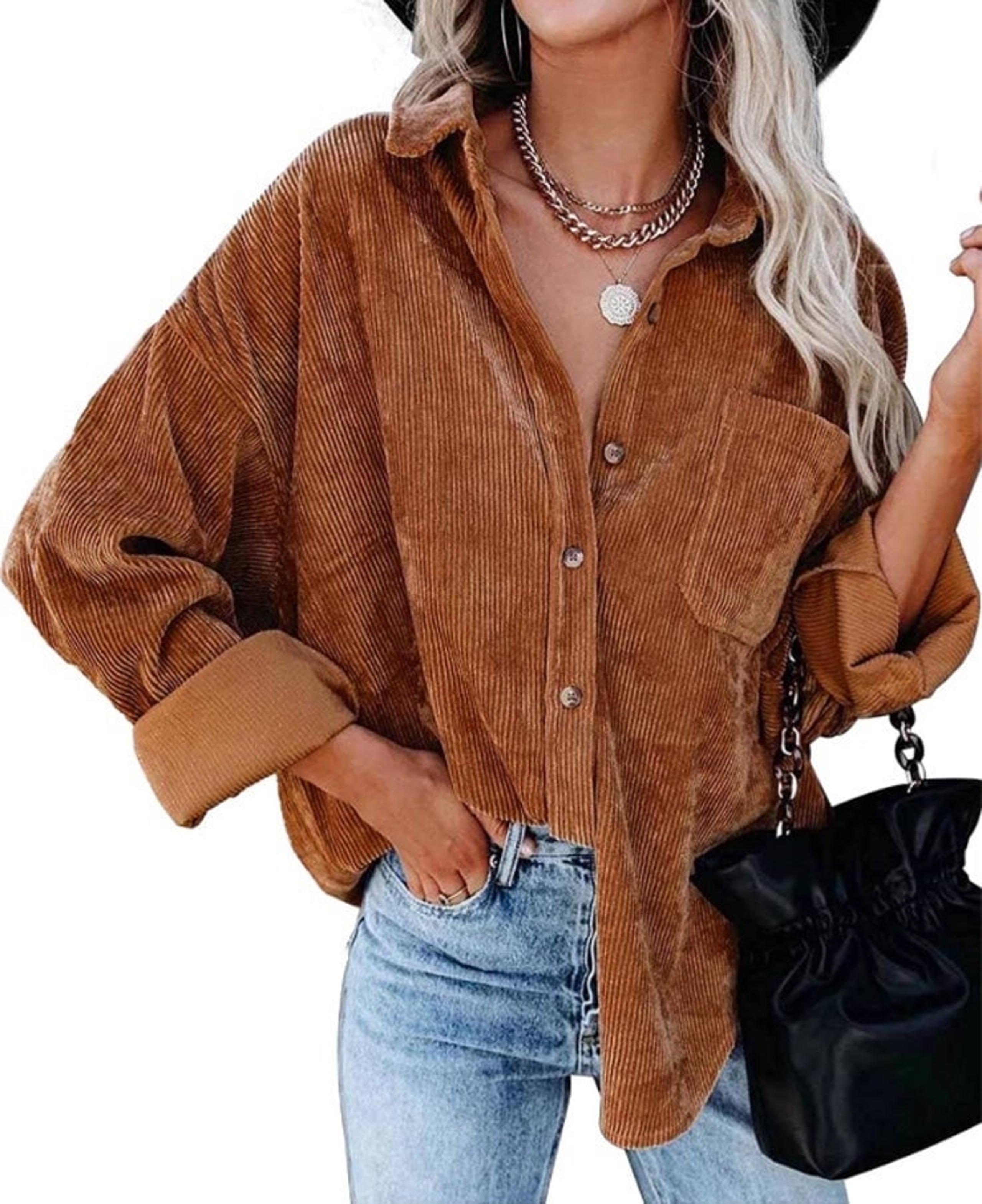 Womens Corduroy Button Down Shacket Casual Long Sleeve Shirt Jacket Oversized Bl
