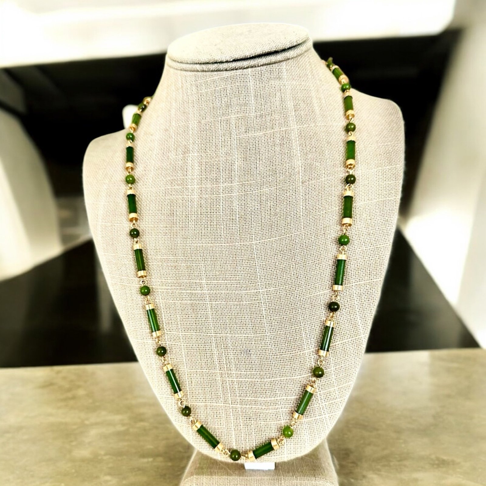 CHINESE JADEITE JADE GREEN ROUND & CYLINDER BEADS GOLD CHAIN 24 NECKLACE MCM EU