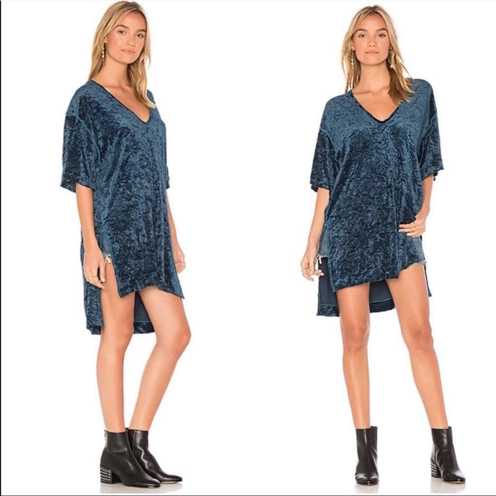 NWT Free People The Luxe Teal Blue Crushed Velvet T-shirt Dress Size Small