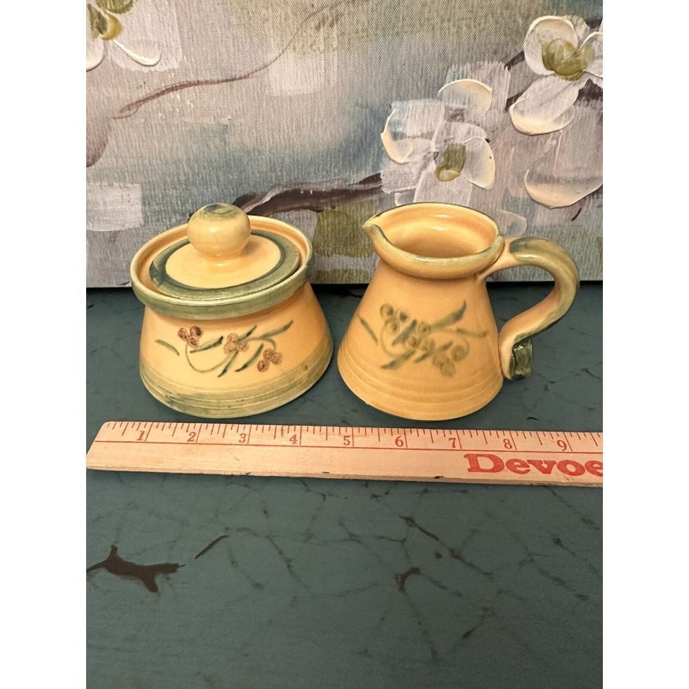 Vintage LOU PIGNATIER CERAMIC GLAZED Pottery Stamped 3 Pcs Cream And Sugar Set