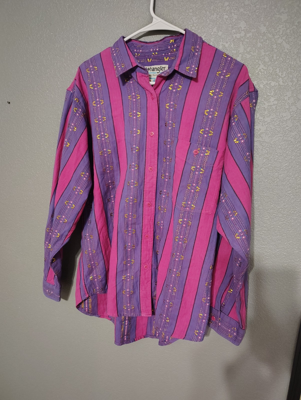 Vintage Western Wrangler Button Up Shirt Cowgirl Pink purple Gold Women's Sz L