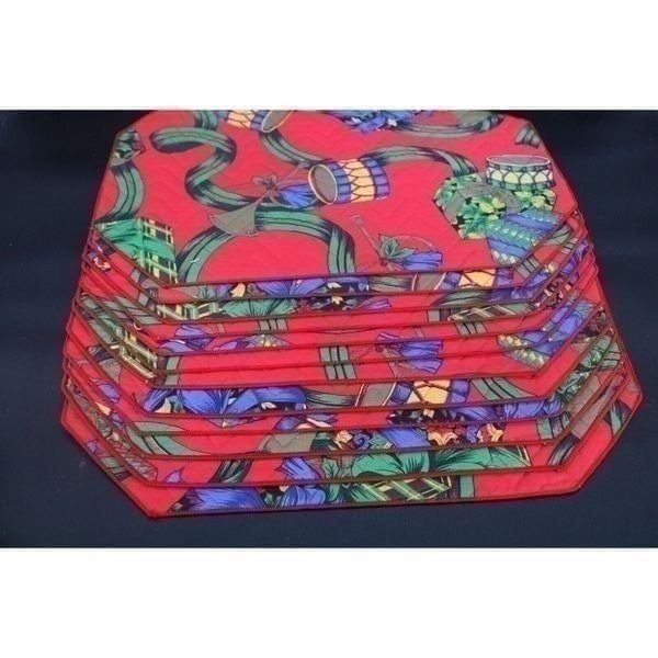 12 Vintage Quilted Placemats Red Christmas Gift Box Drums Bow Ribbon Horn Bell