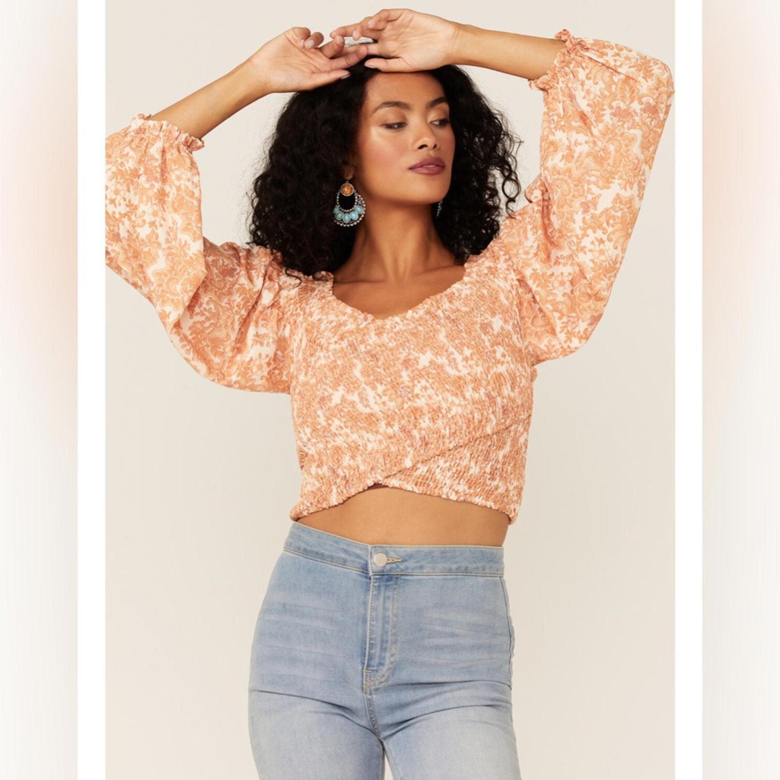 Flying Tomato Smocked Crop Top Orange Floral Boho Blouse Womens Medium