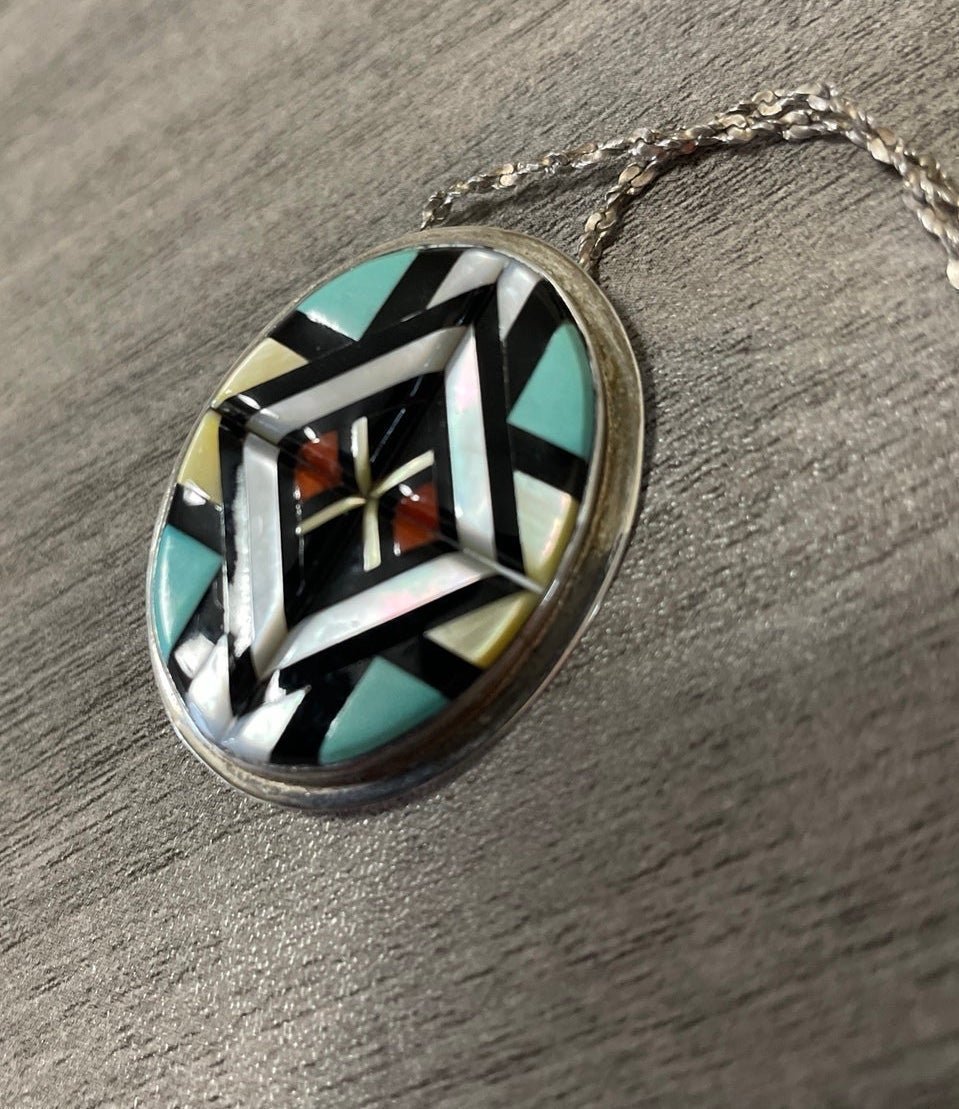 Beautiful possible Zuni inlay sterling pendant/necklace