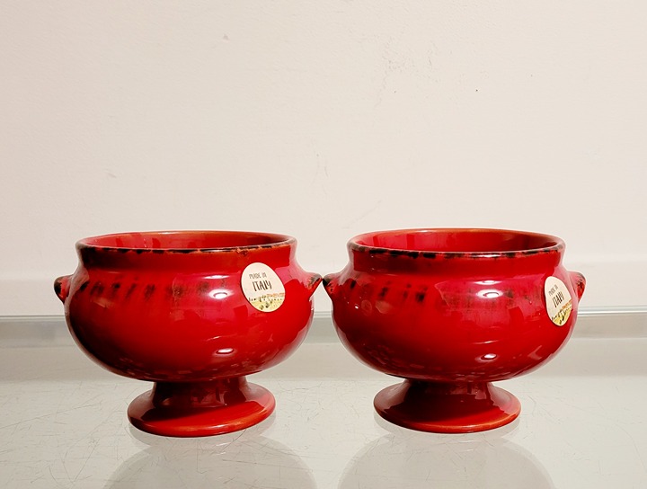 DE SILVA Italy Terracotta 2 Round Rustic Footed Crock Soup Bowls Red