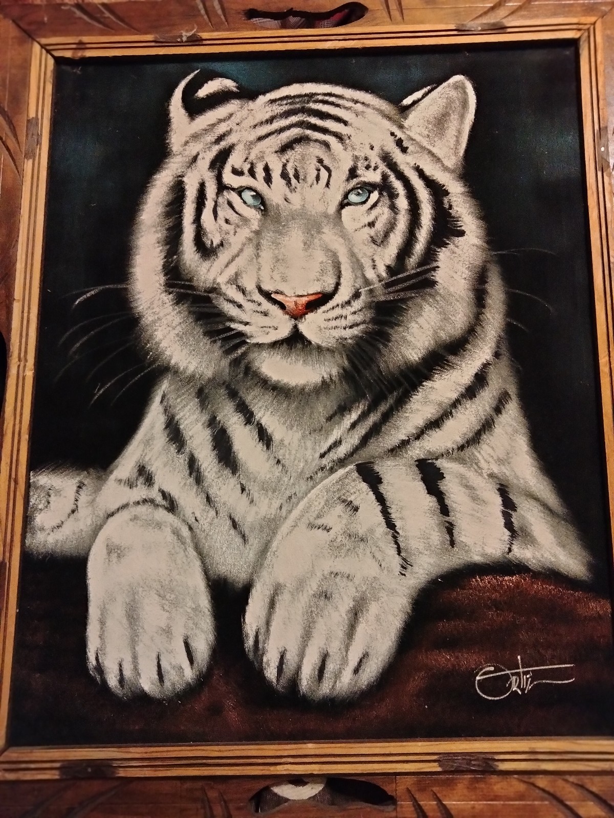 Vintage Ortiz Velvet Hand Painted White Tiger