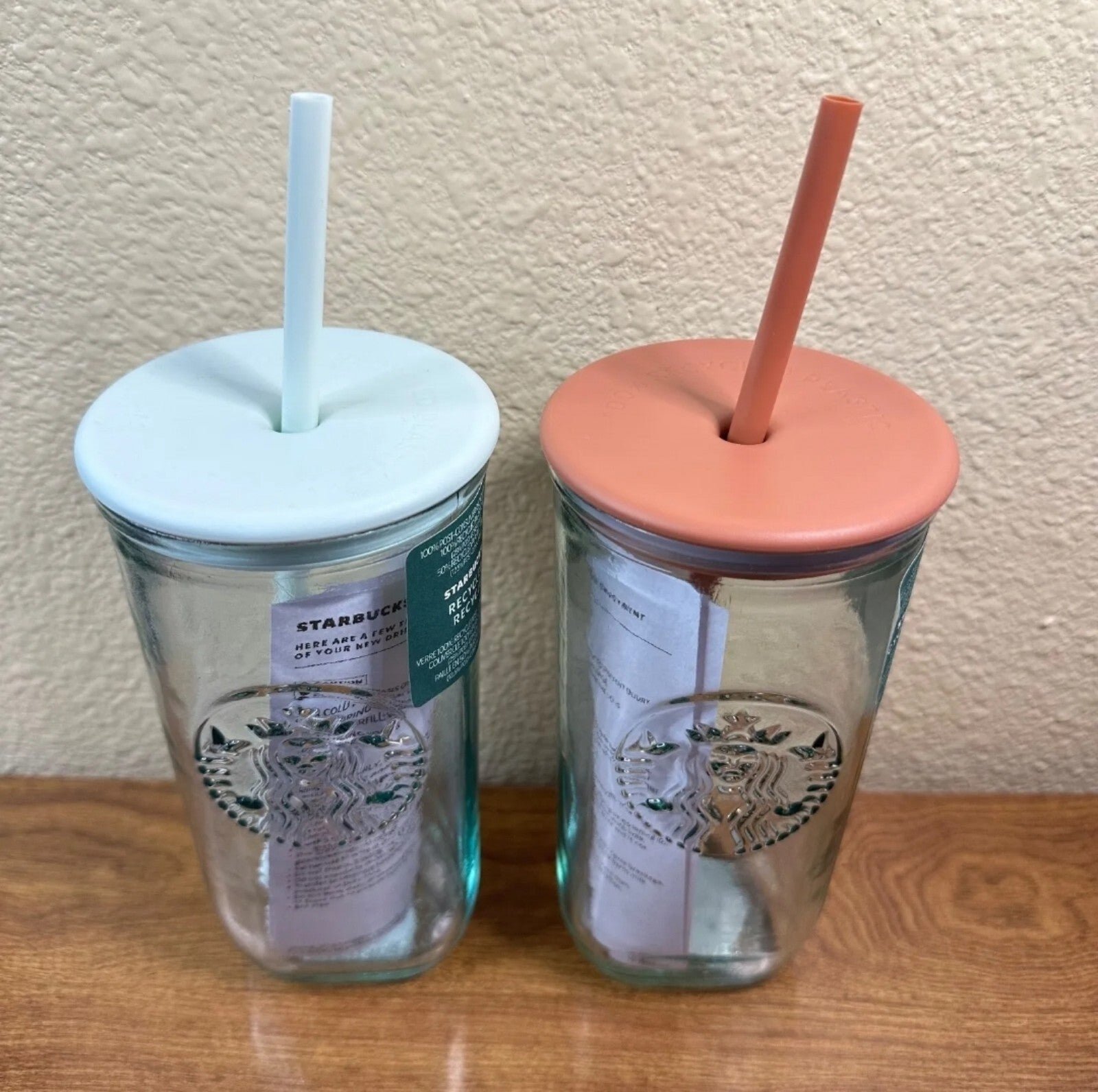 New Starbucks recycled set ×2 glass cold cups 16oz brown & green