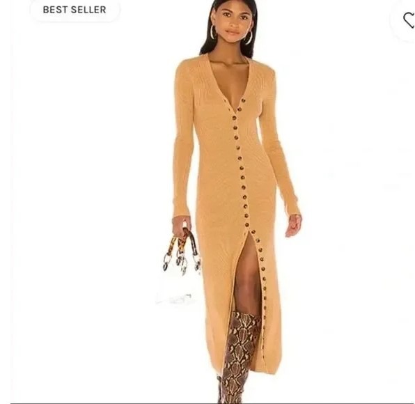 LPA Kavala Wool Blend Rib Knit Button Up Midi Sweater Dress In Camel