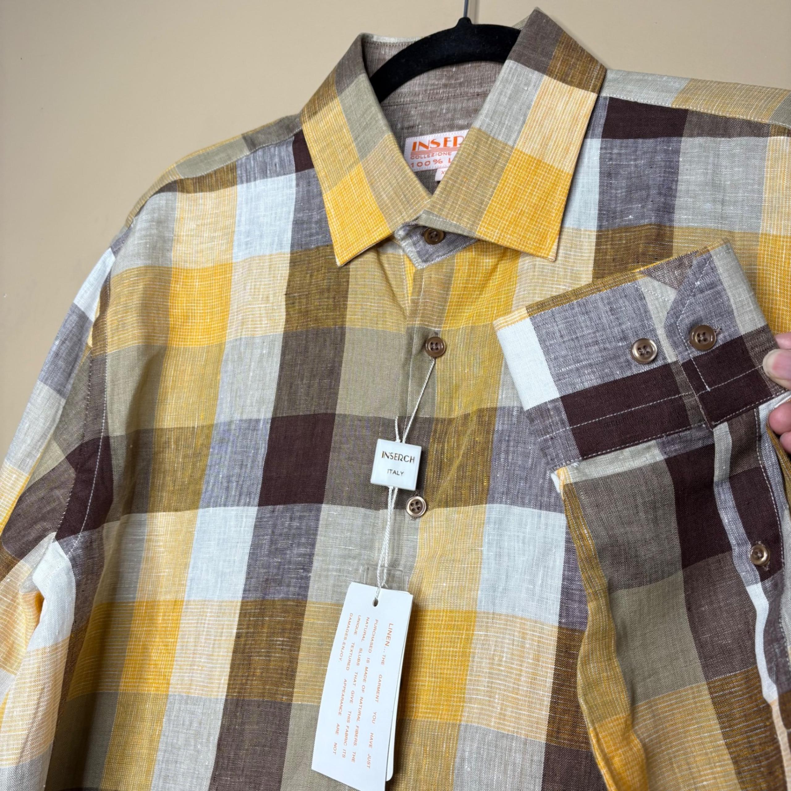 NWT Inserch Men's 100% Linen Long Sleeve Plaid Button Up Shirt Size XL