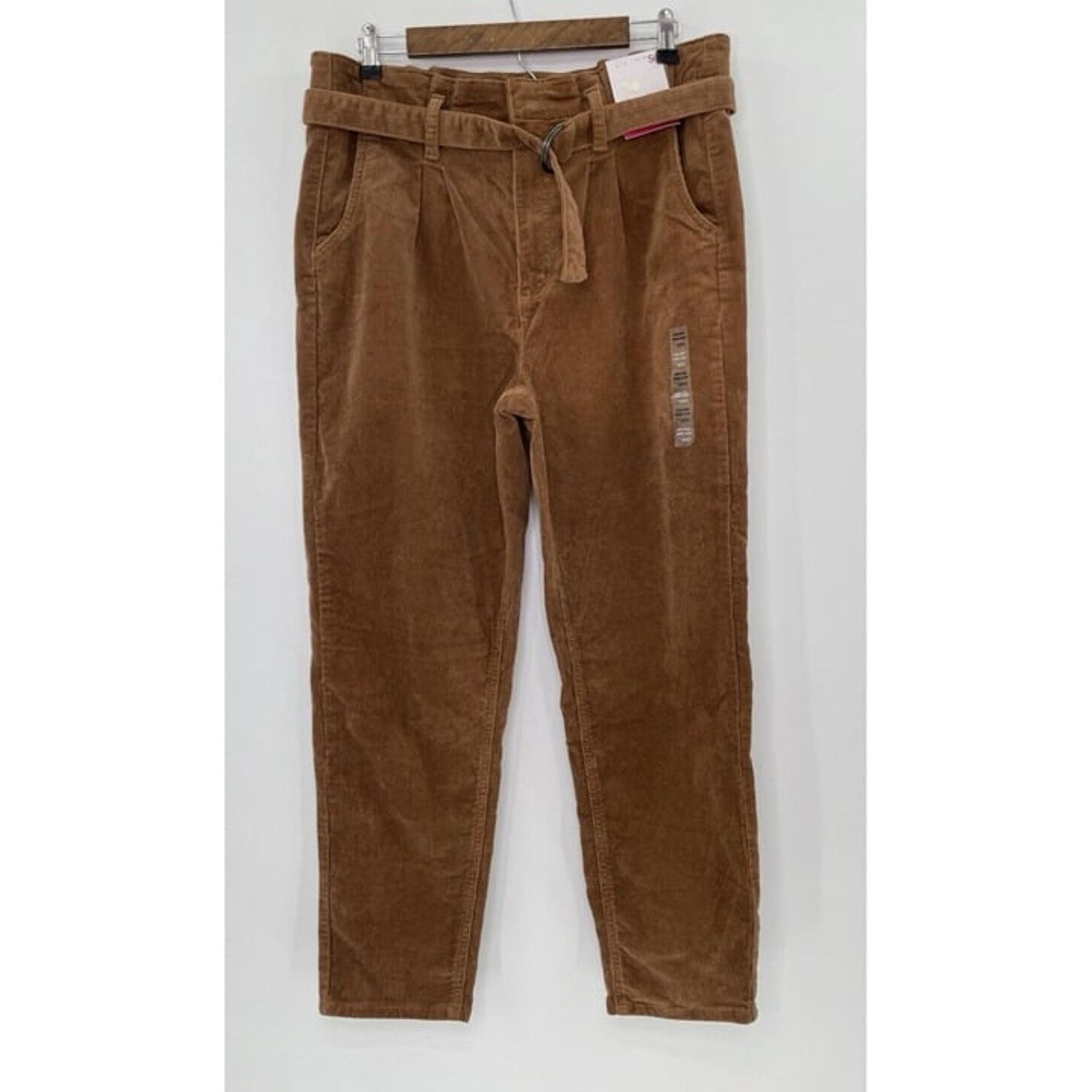 NWT SO Women’s High Rise Mom Stretch Corduroy Belted Brown Pants Sz 13/31W Boho