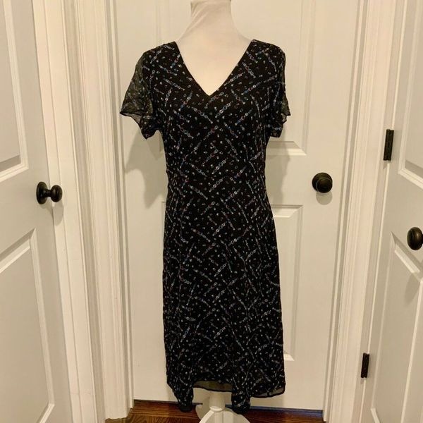 Pendleton Black Floral Silk Short Sleeve Midi Dress Size 12