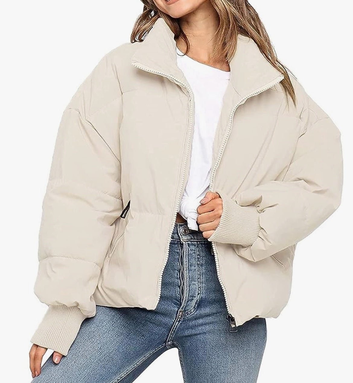 New- MEROKEETY Women's Winter Long Sleeve Zip Puffer Jacket Pockets Baggy Short