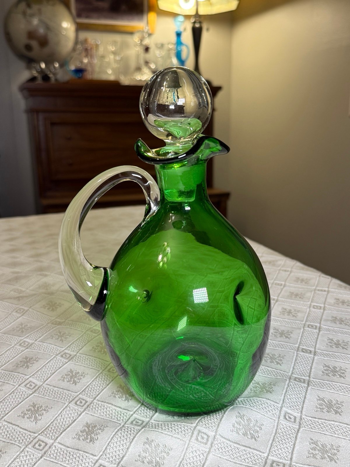 Bischoff green pinched glass decanter