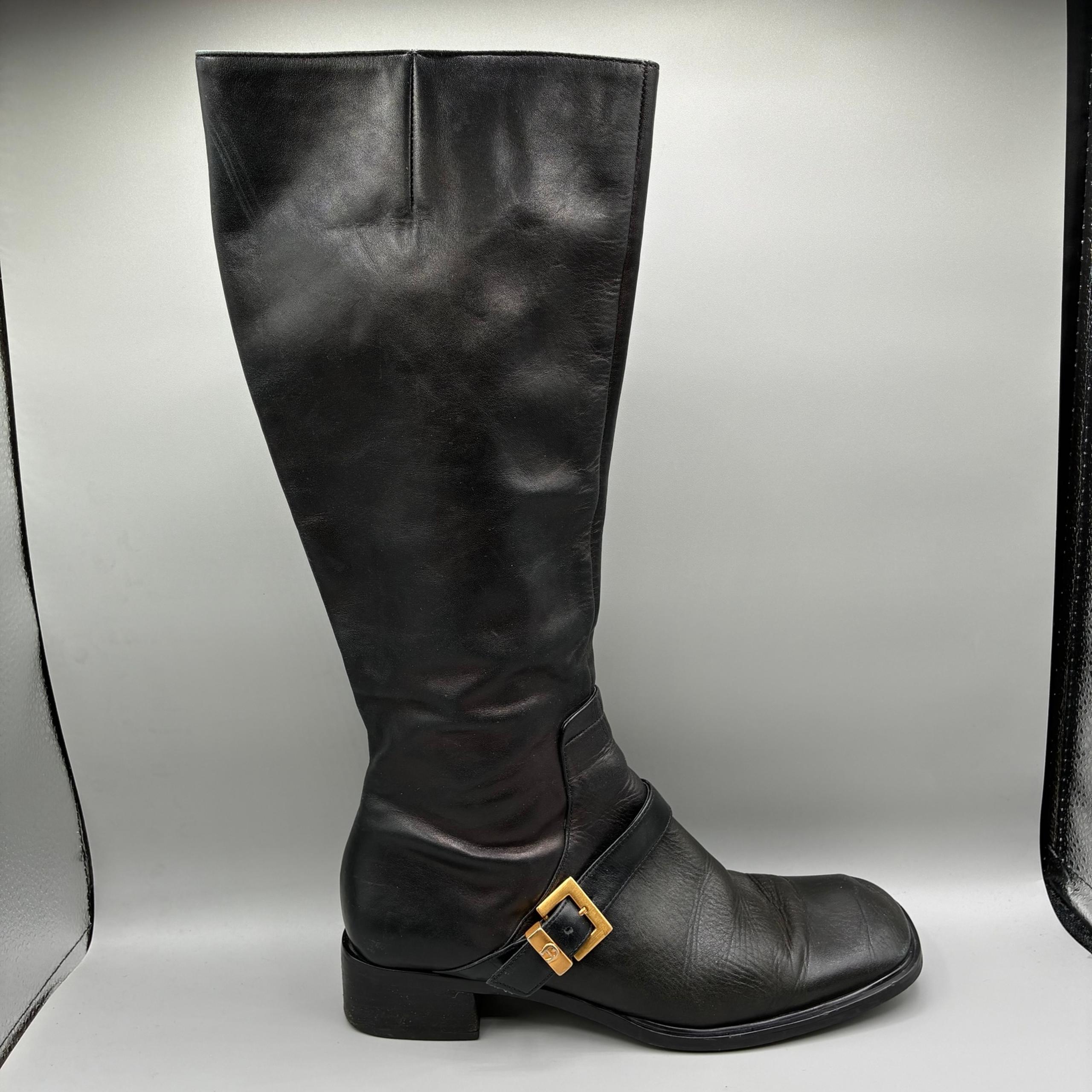 Etienne Aigner Idaho Tall Riding Boots Womens 7.5M Black Zip Leather Block Heel