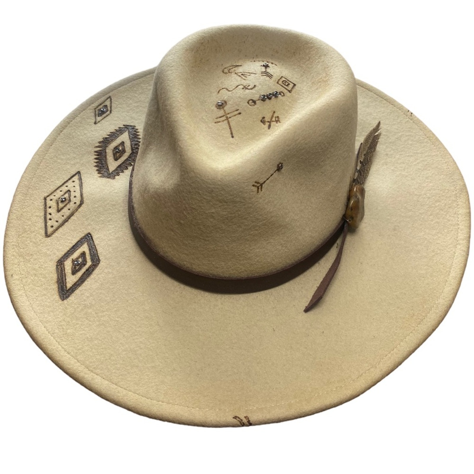 Creamy tan hand burned wool western chic hat with Aztec designs GORGEOUS!!