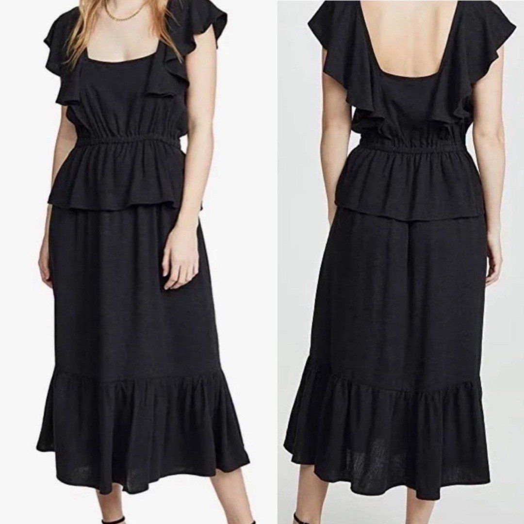 Rachel Pally Black Linen Mariah Ruffle Midi Dress SIZE SMALL