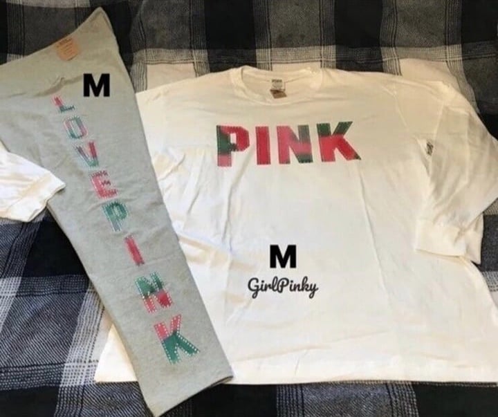 victoria secret PINK leggings outfit in BLING/RHINESTONES CAMPUS TEE SIZE MEDIUM
