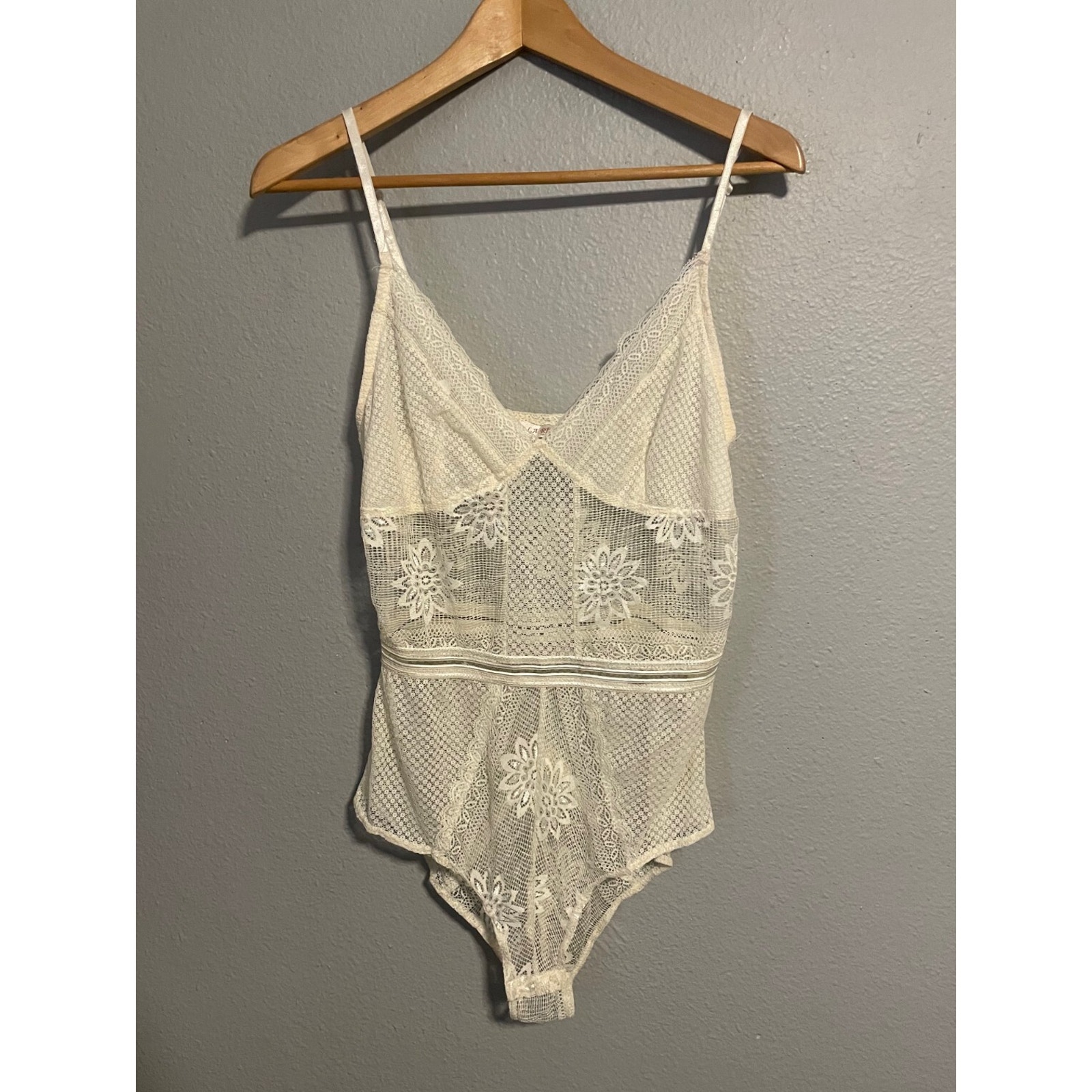 Womens Bodysuit Large Cream Mesh Floral Embroidered Sheer Babydoll Fairy Y2K