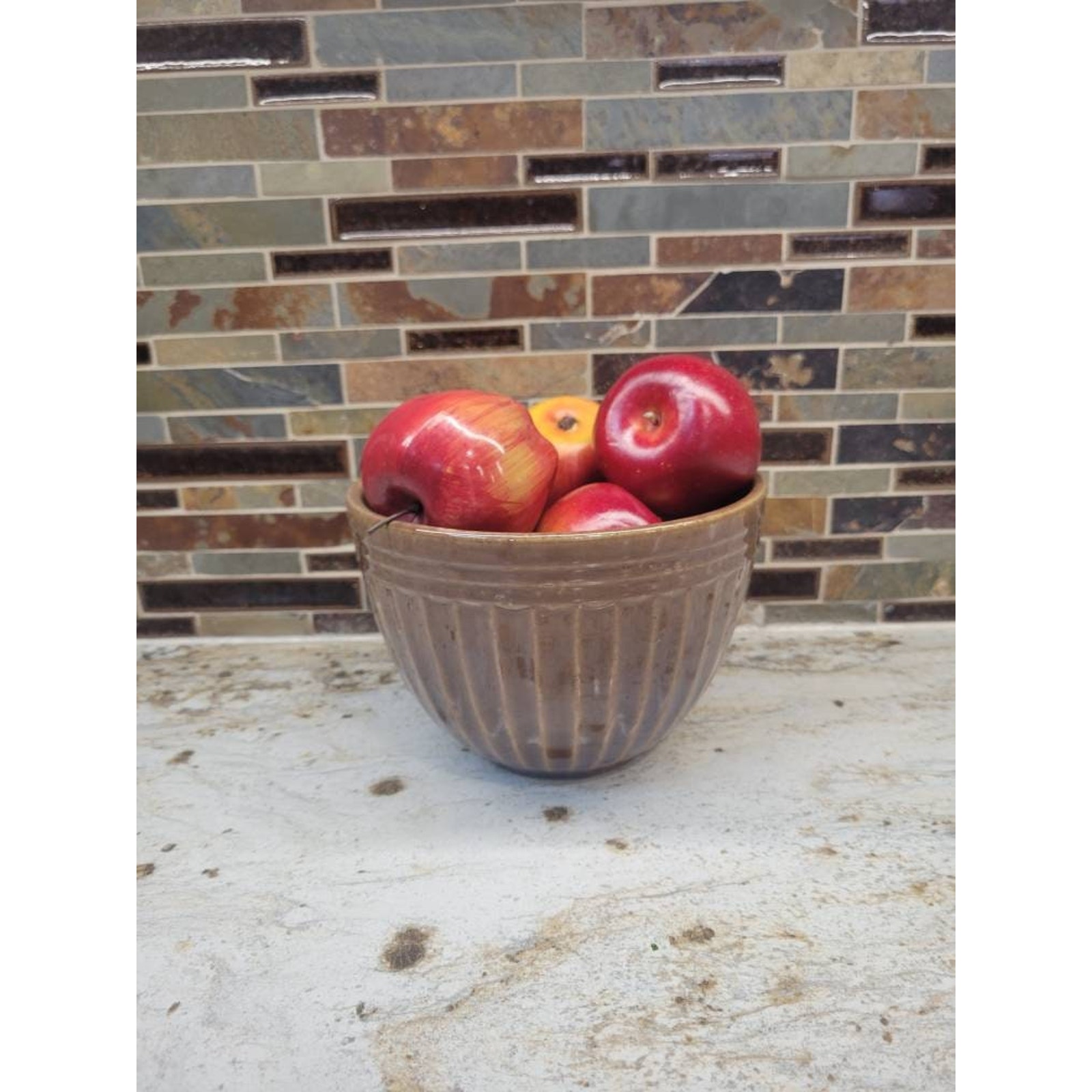Vintage Pottery Bowl, Brown Ribbed Banded, 7-12 Diameter, Farmhouse Kitchen
