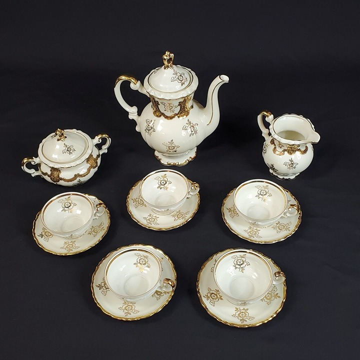 Vintage Mitterteich Demitasse Coffee Set Heavy Gilt 15 Piece Excellent Cond___