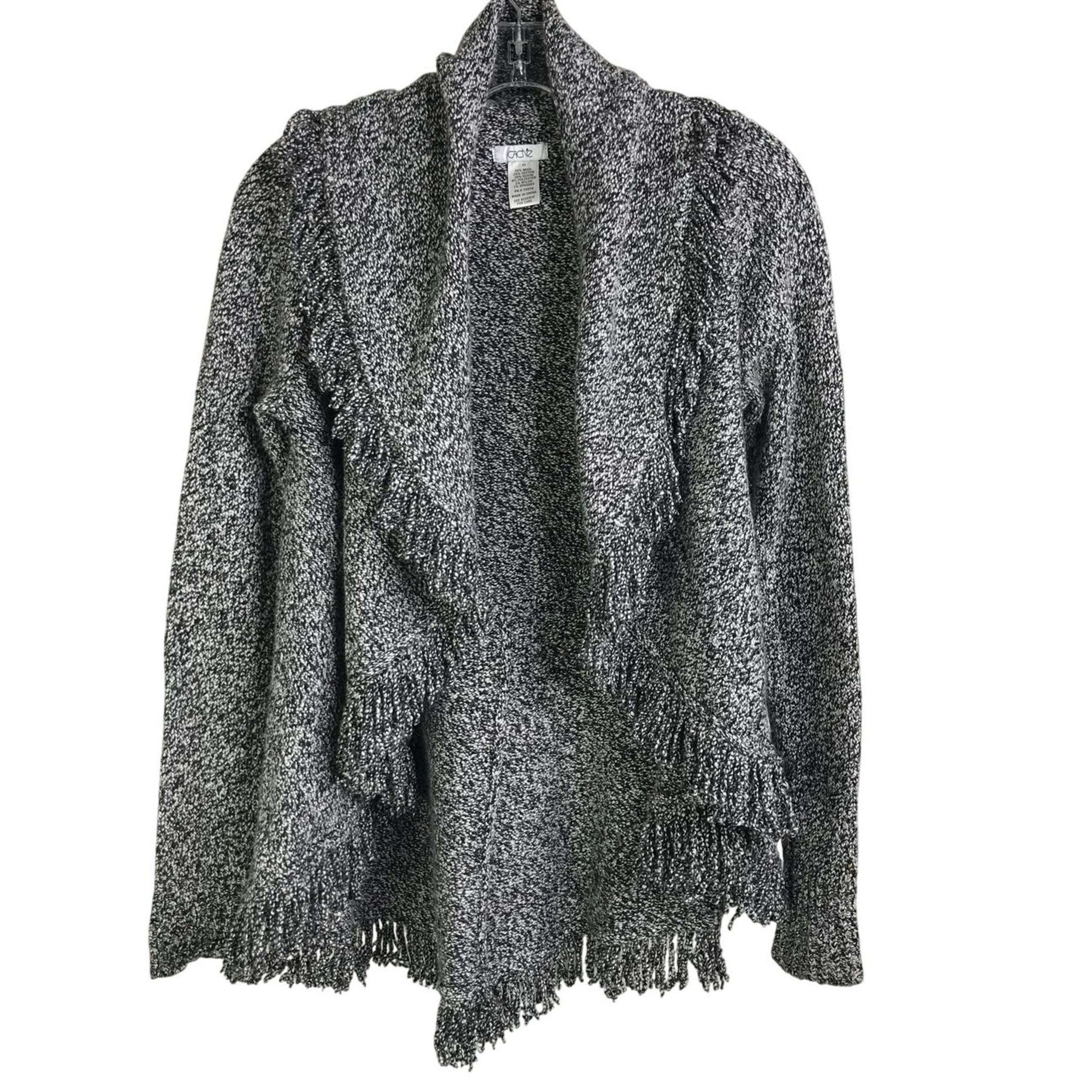Cache Cardigan Womens Size XS Black / White Weave Fringe Hem Long Sleeve Drapey