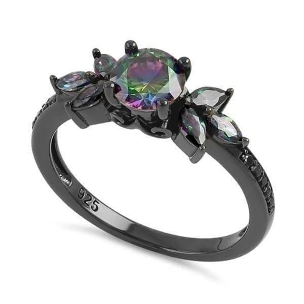 New Sterling Silver Black Rhodium Flower Leaves Rainbow CZ Ring Size 11