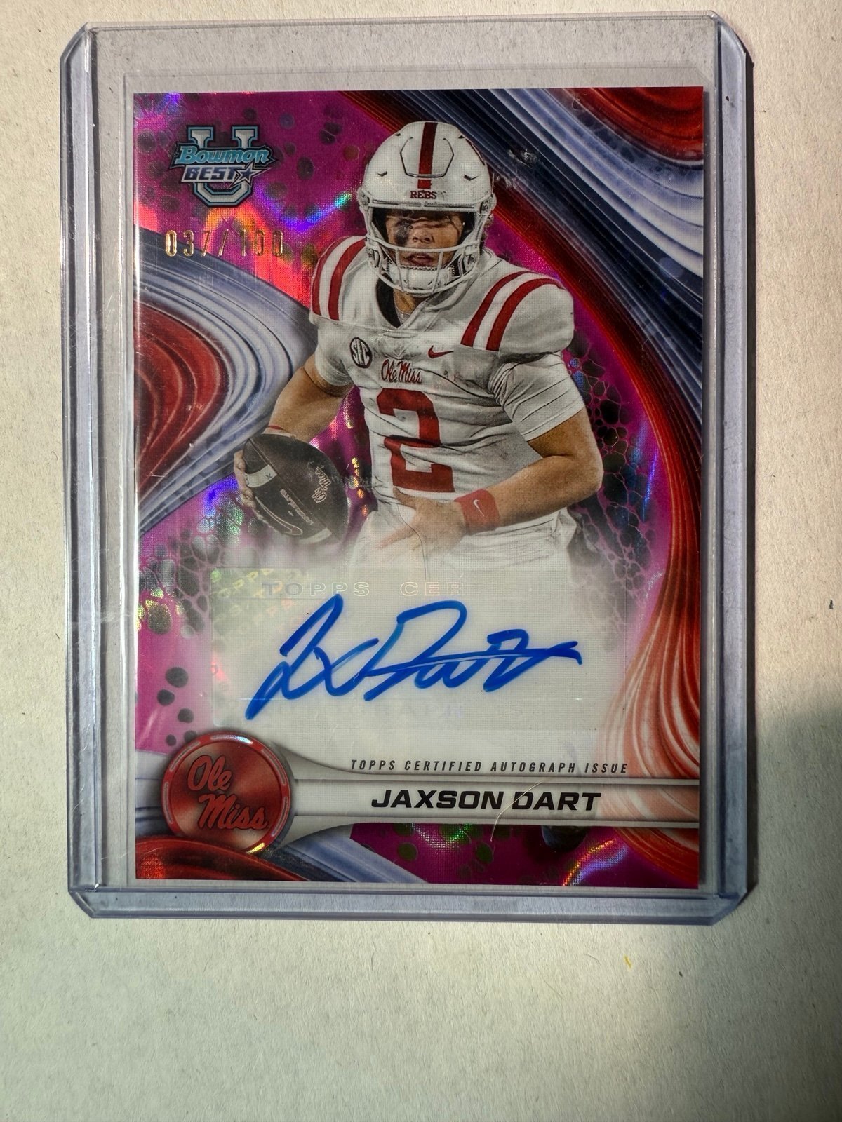 Jaxson Dart # erd / 100 Autographed Pink Lava Refractor Football Card