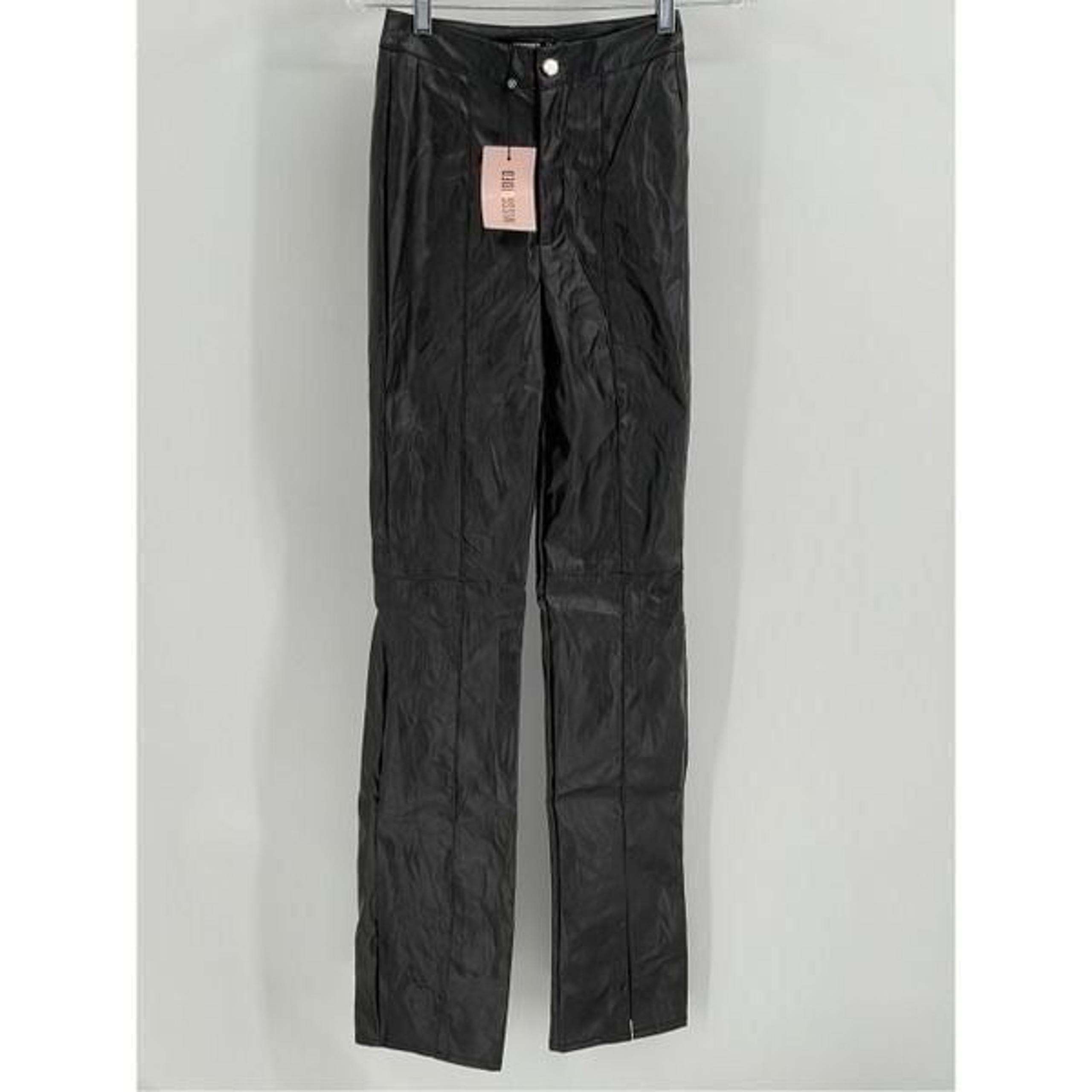 Missguided Pants Faux Leather Women Size 0 Black Straight Leg Split Front New