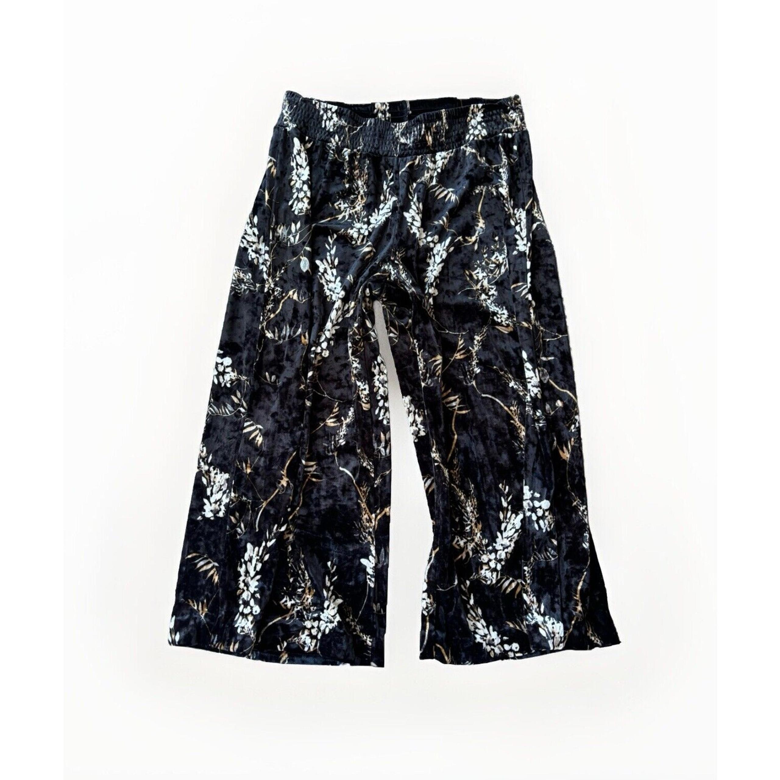 Indigo Rein Black Floral Velvet Cropped Pants Size XL Wide Leg