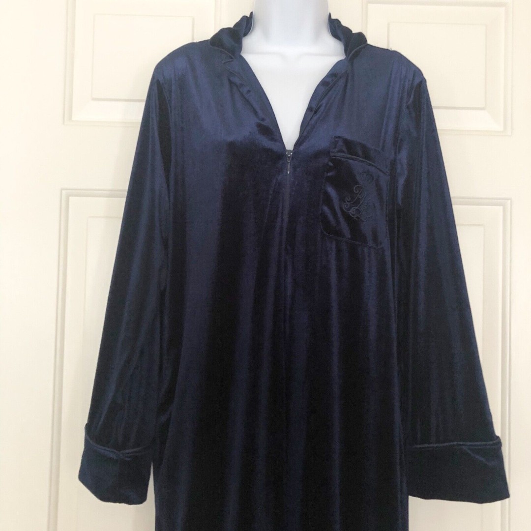 Ralph Lauren Velvet Full Length Robe House Coat w Crest Full Zip Navy Sz Small