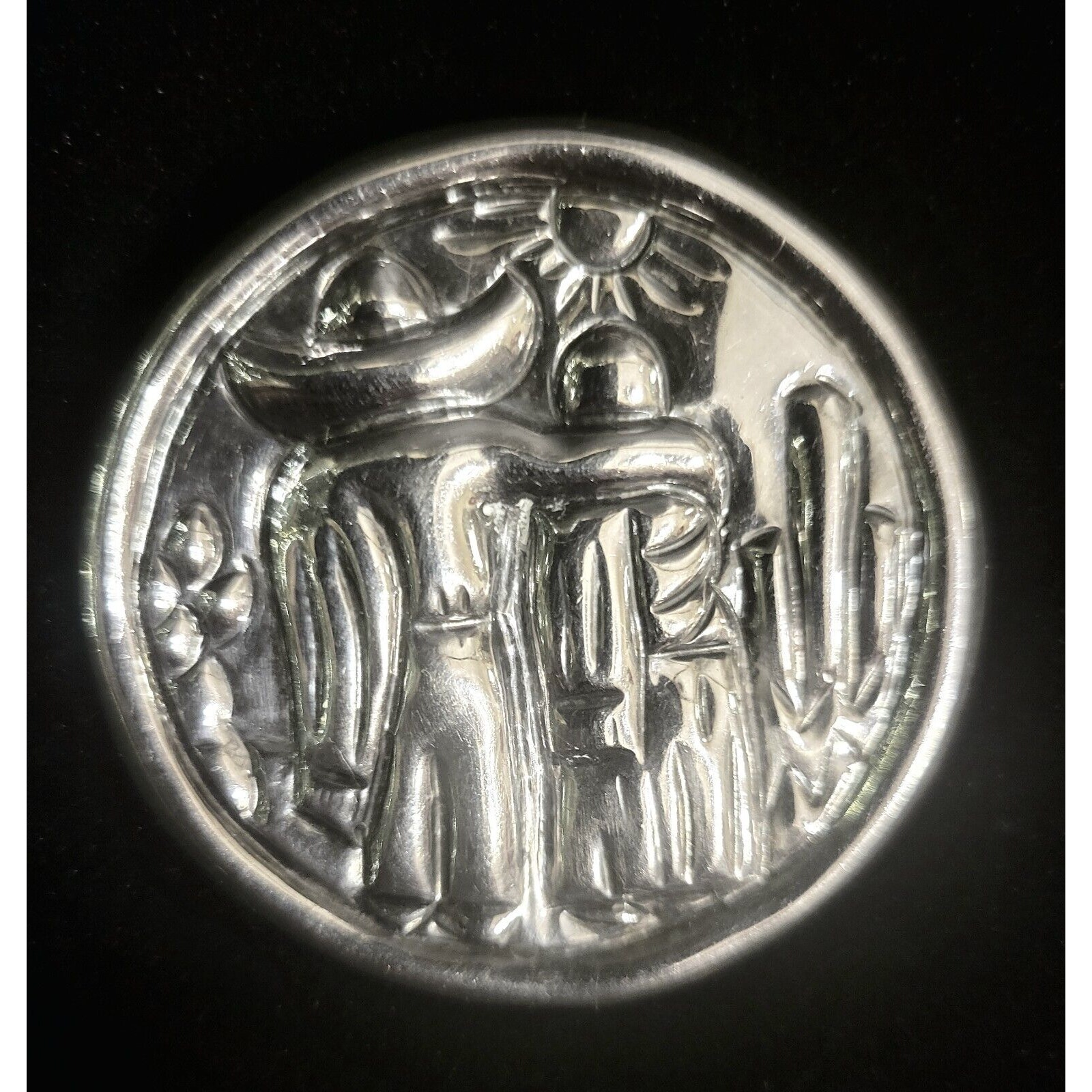 Mexican Silver Pin Brooch Features Traditional Mexican Attire, Cactus And Sun