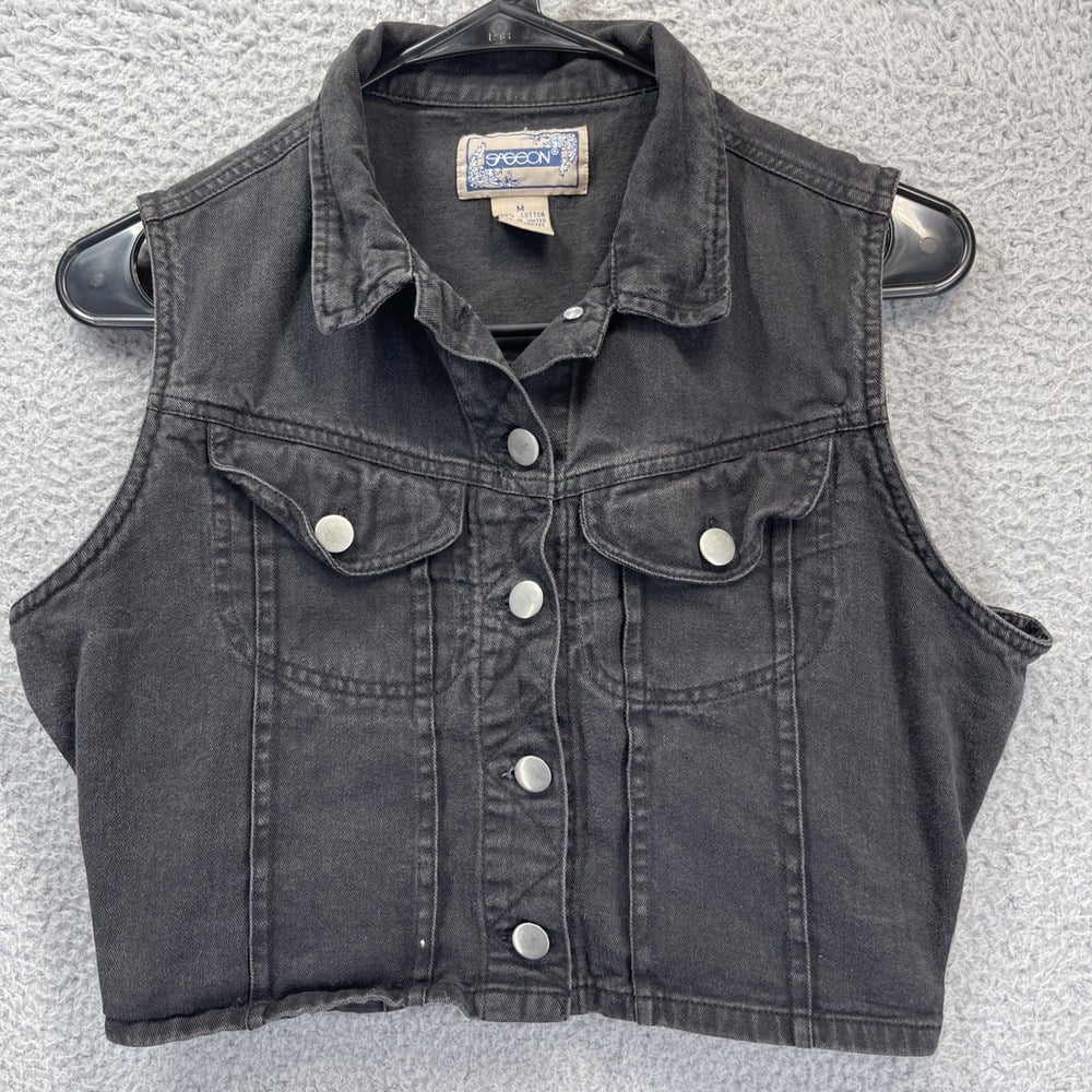 Vintage Sasson Denim Crop Vest Women Junior Medium Black Button Pockets Trucker