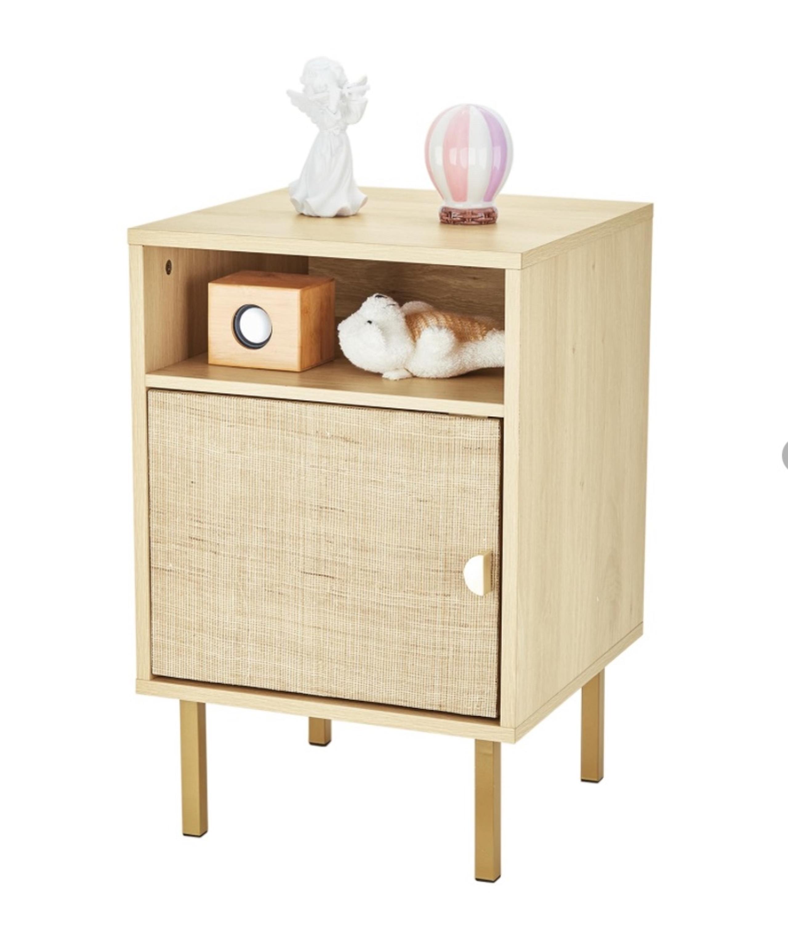 FAIRCRAFT-Linen Nightstand with Handmade Natural Rattan Drawers, Bedside Table,