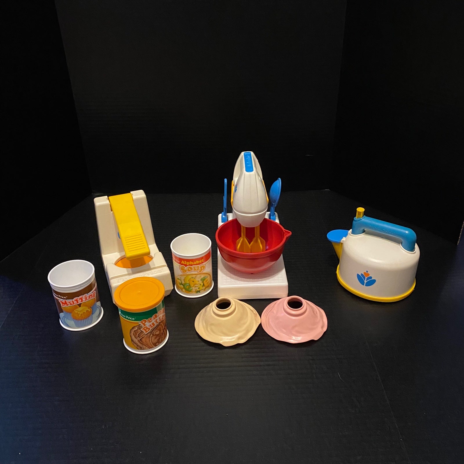 Vintage Fisher Price shops Play Kitchen Whistling Tea Pot Mixer Bowl Can Opener
