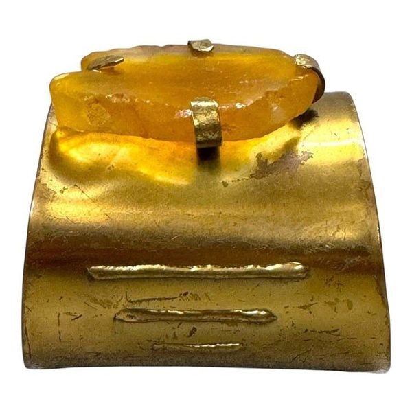Vintage Brass Cuff Wide Statement Bracelet With Yellow Stone Carnelian MCM