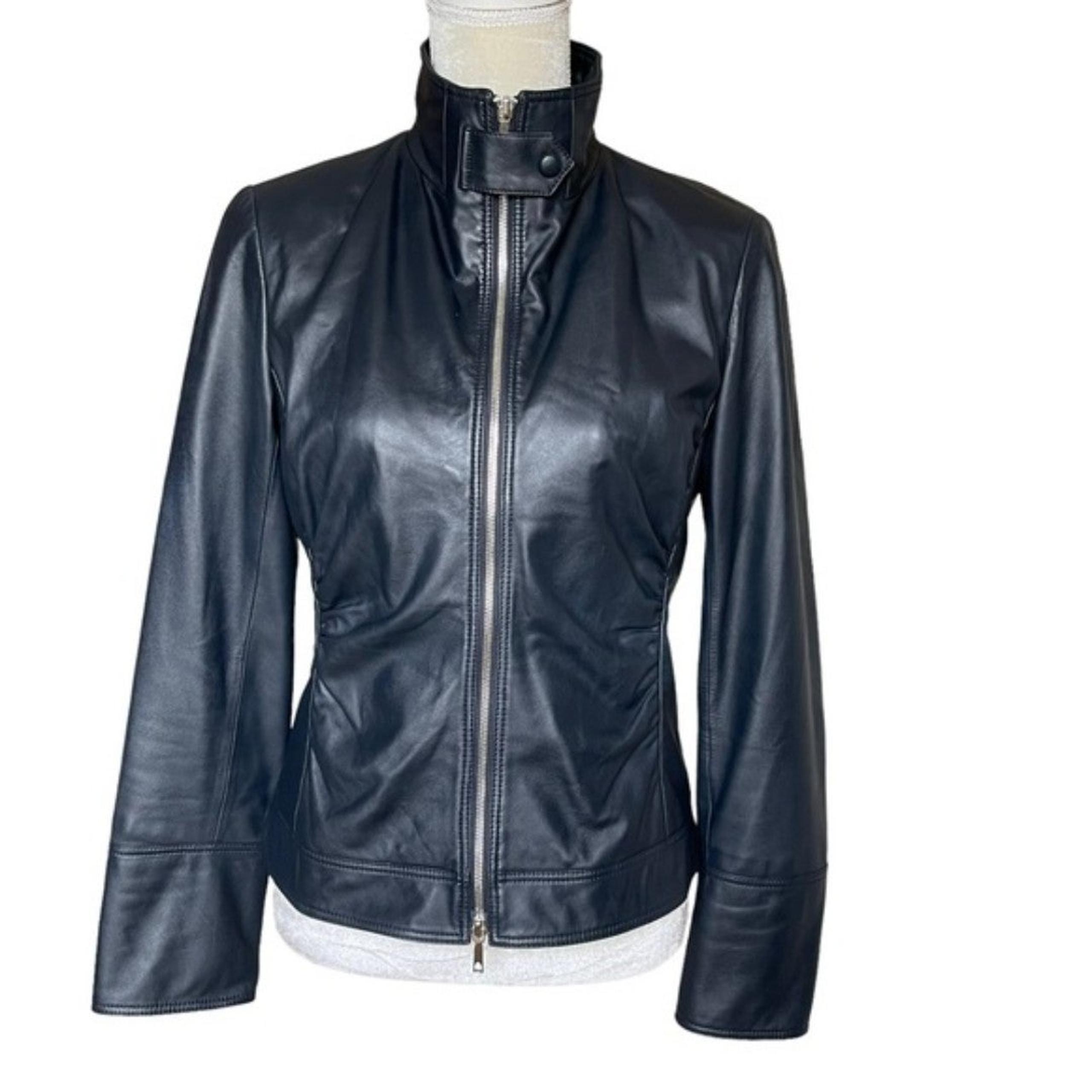 Lafayette 148 New York Women’s Lambskin Leather Moto Ruched Jacket Size 6 Zip