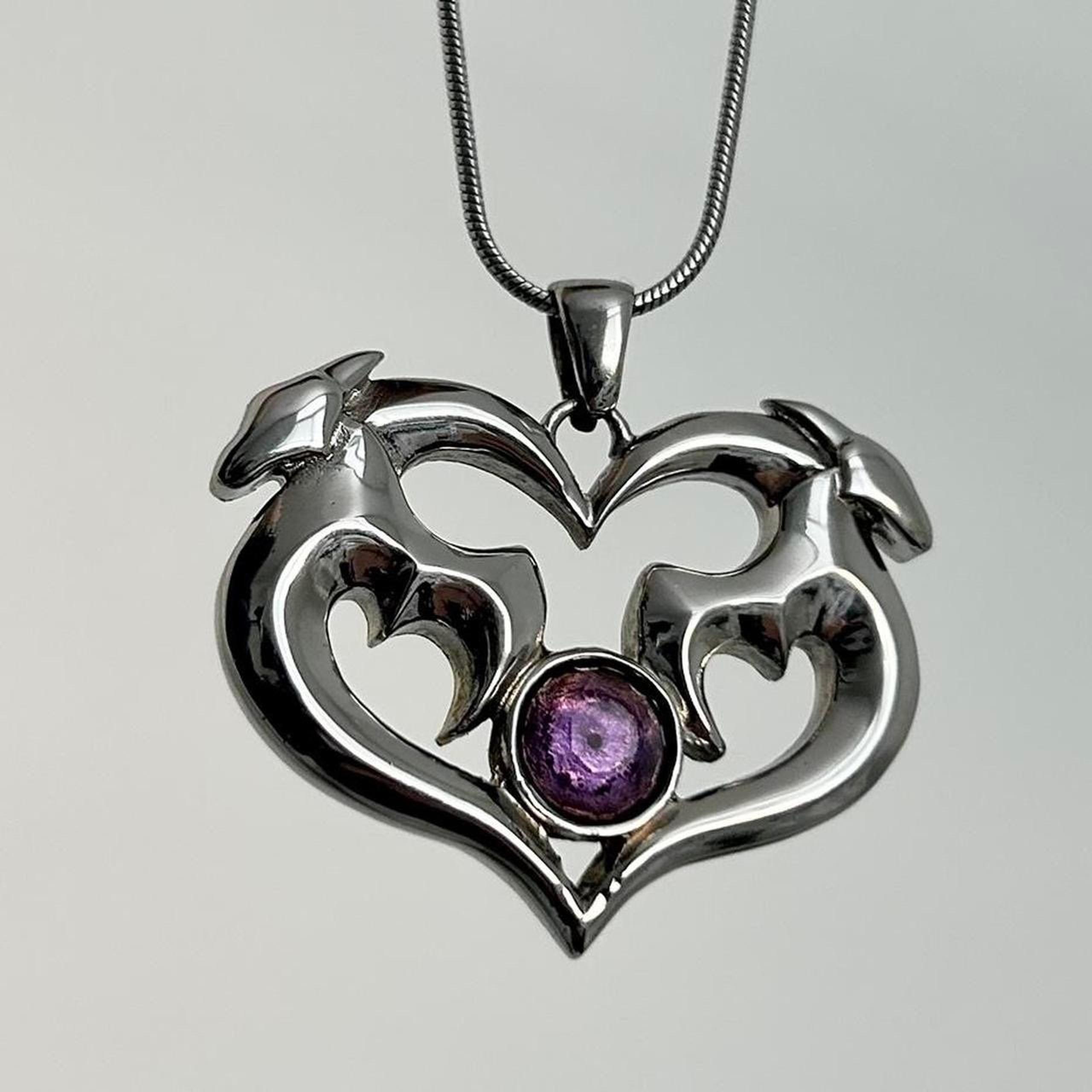 Stainless steel bat wing heart pendant necklace with purple stone y2k fantasy