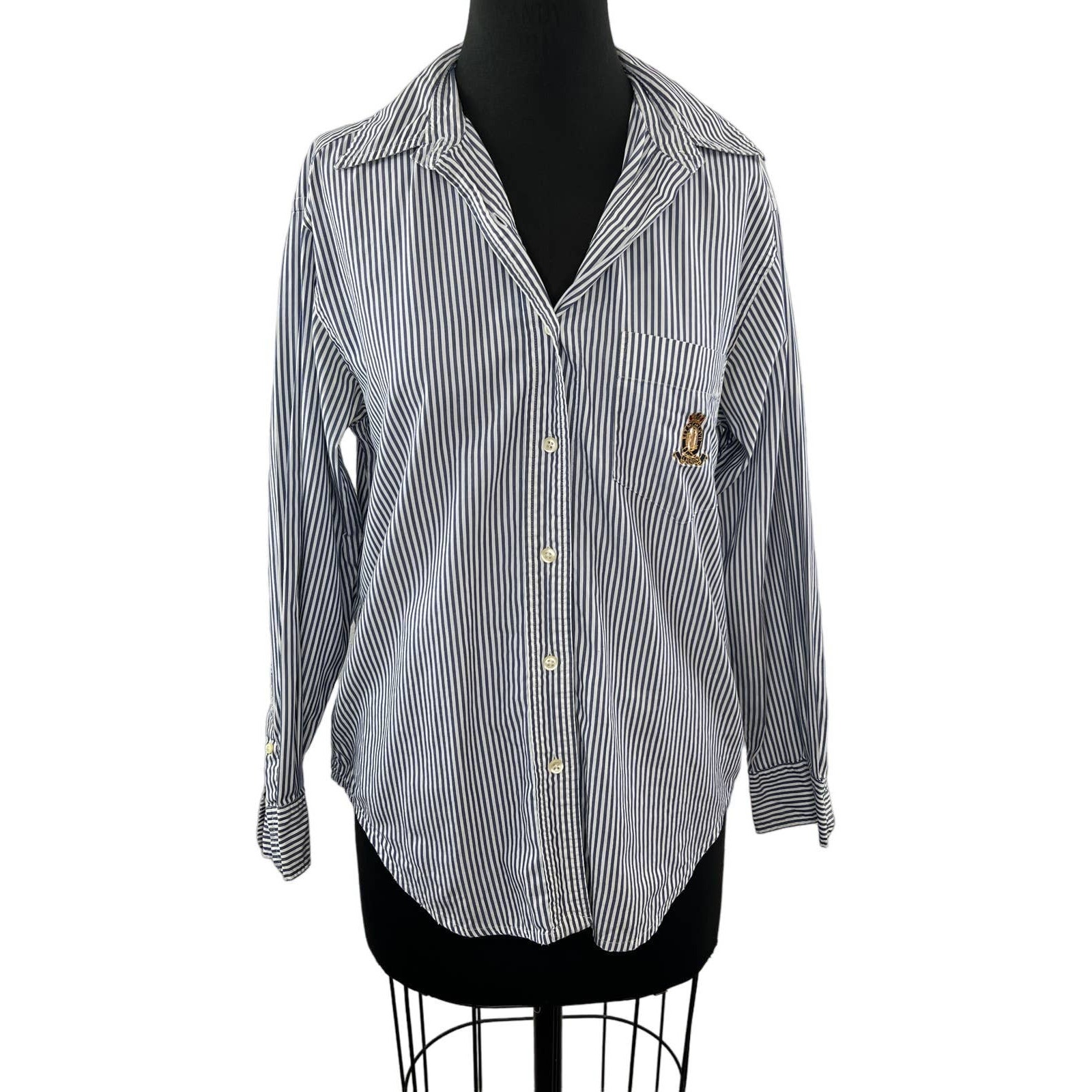 Lauren Ralph Lauren Blue Seersucker Button-Up Long Sleeve Shirt Crest Stripe 8