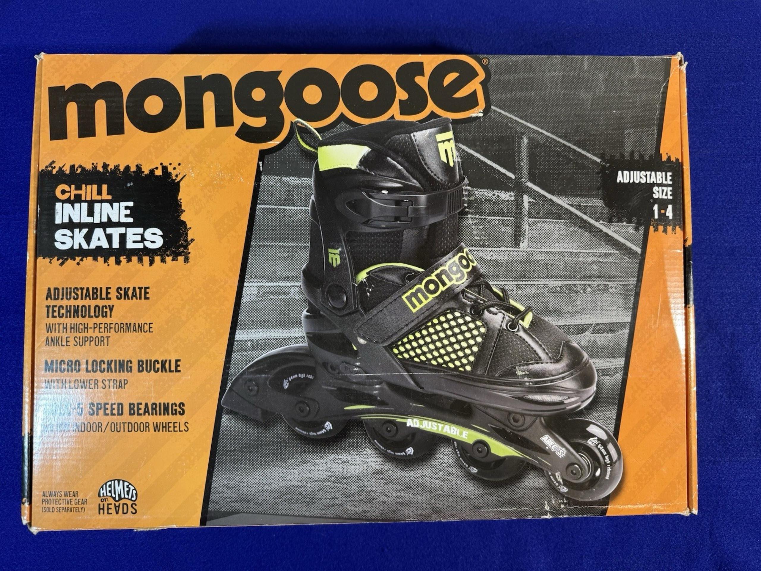 Boys Rollerblades SIZE 1-4 Adjustable Black Green Inline Skates NEW - Mongoose