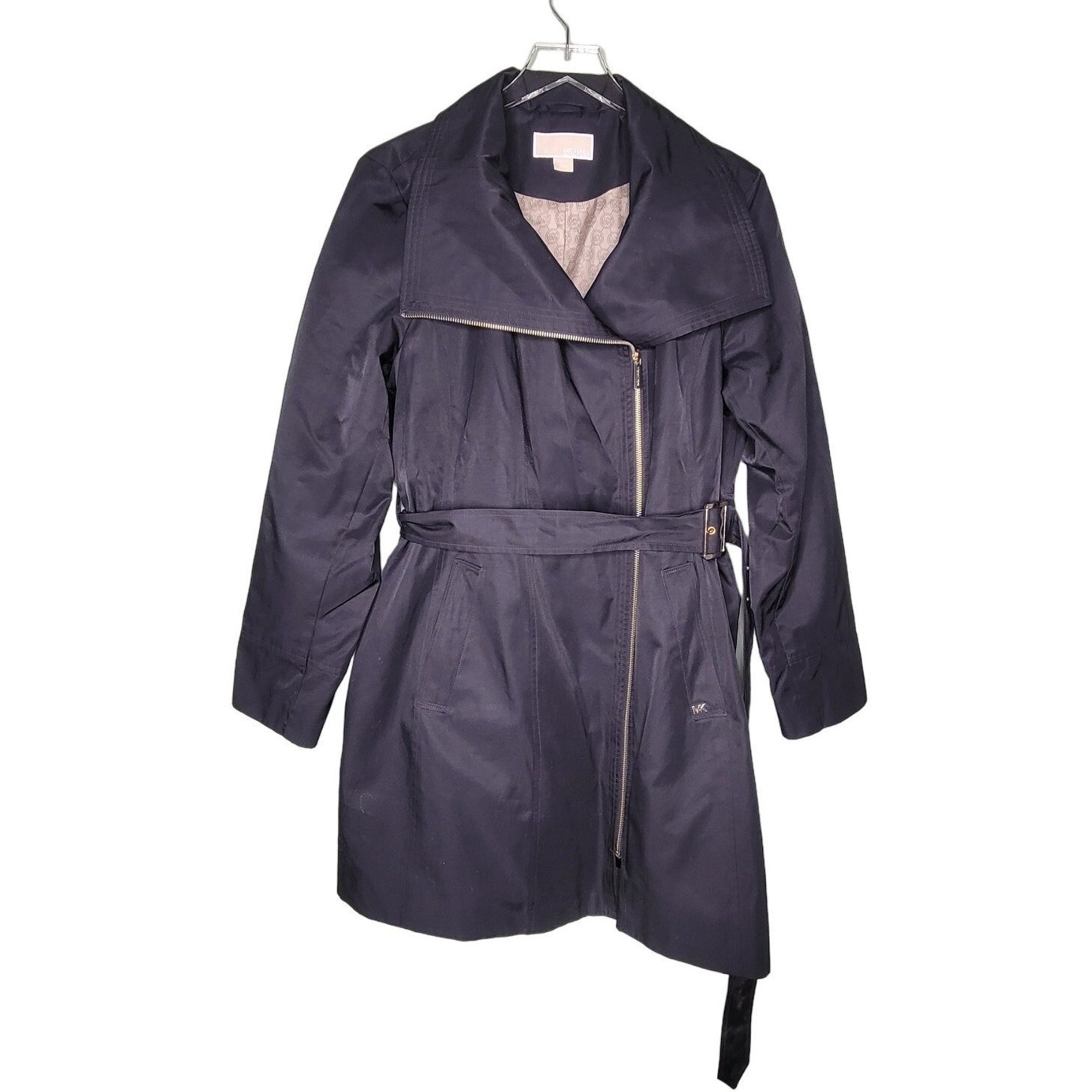 MICHAEL Michael Kors Jacket XL Black Trench Coat Belt Asymmetric Zip Classic