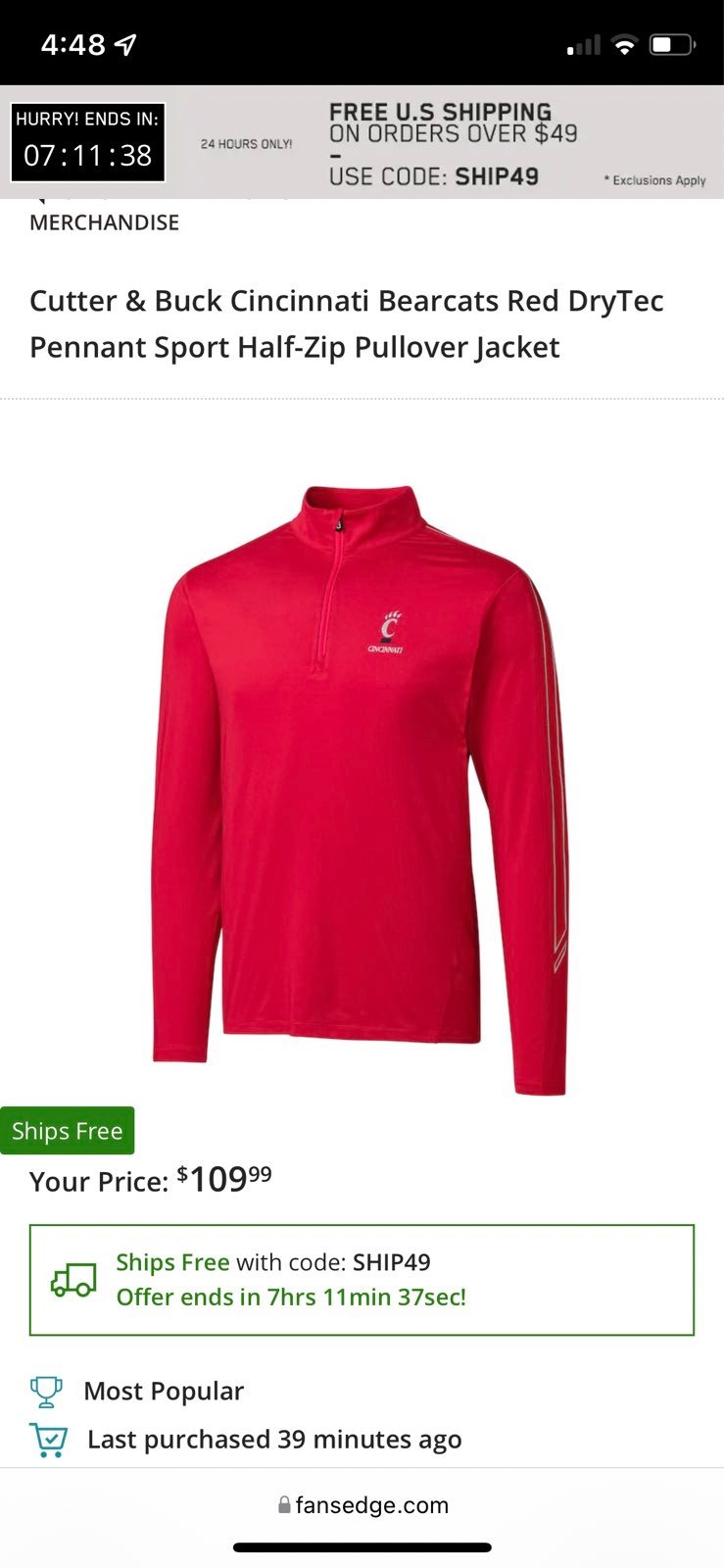 Cutter & Buck Cincinnati Bearcats Red DryTec Pennant Sport Half-Zip Pullover