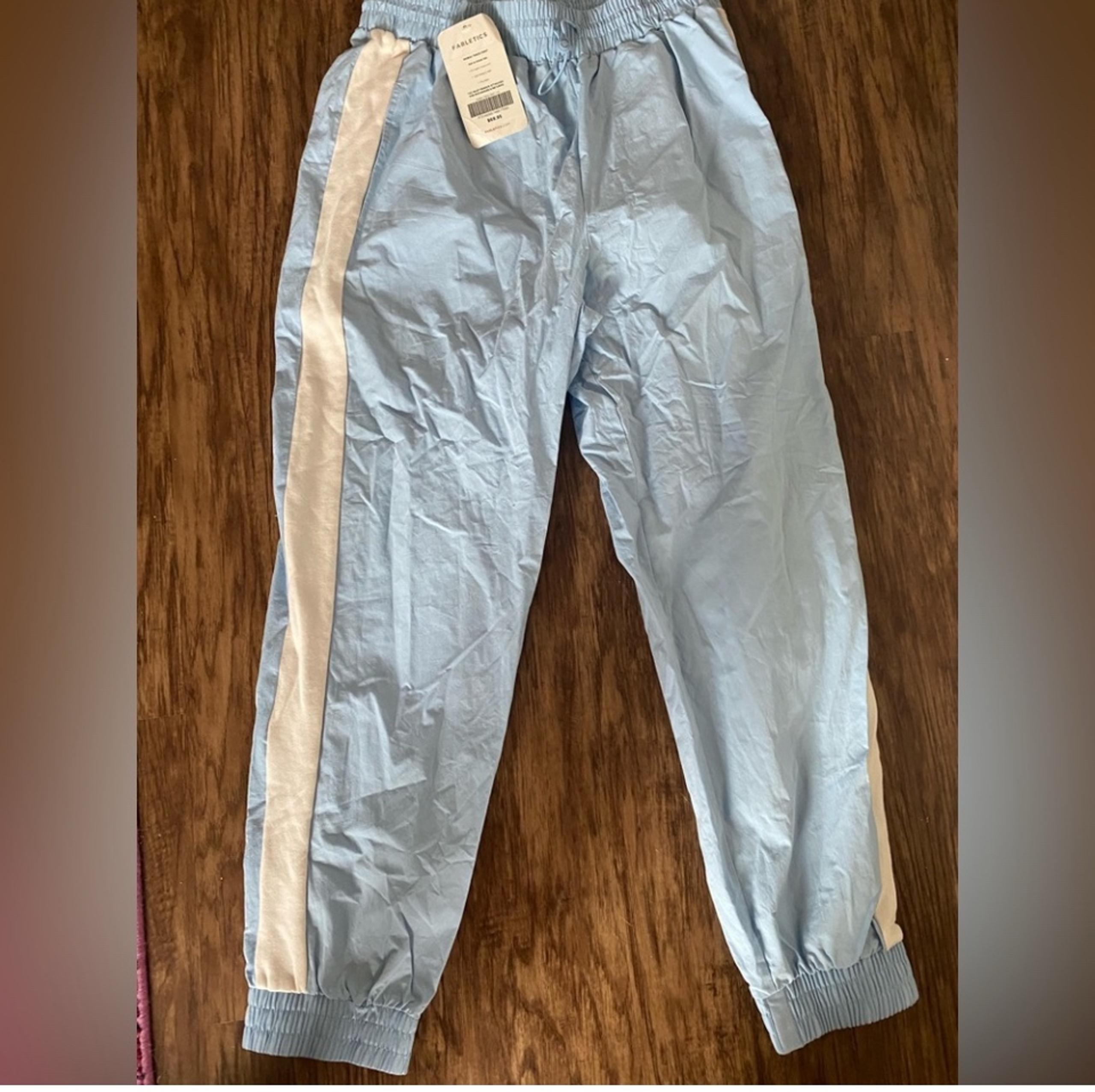 Fabletics Joggers Track Pants Baby Blue White Stripe Women L Drawstring NWT. Nev