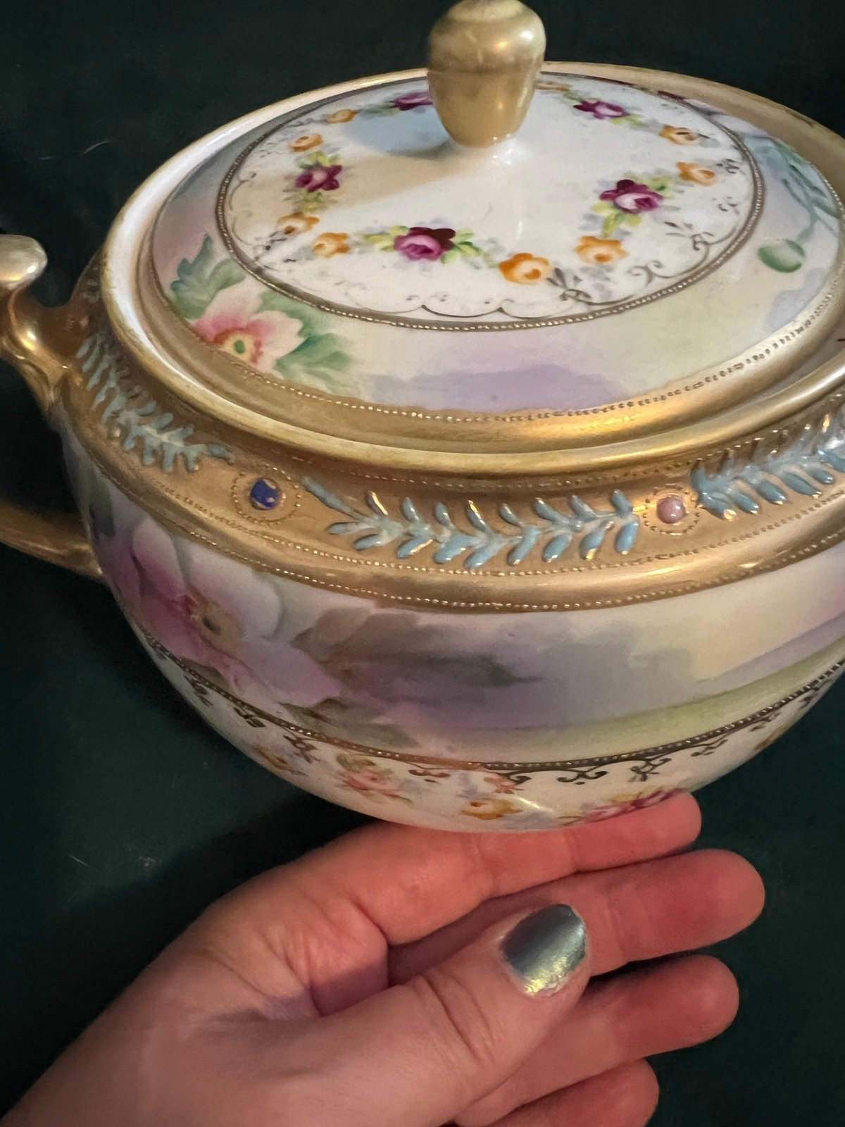 HANDPAINTED Nippon Vintage Sugar Dish Gold trim flowers